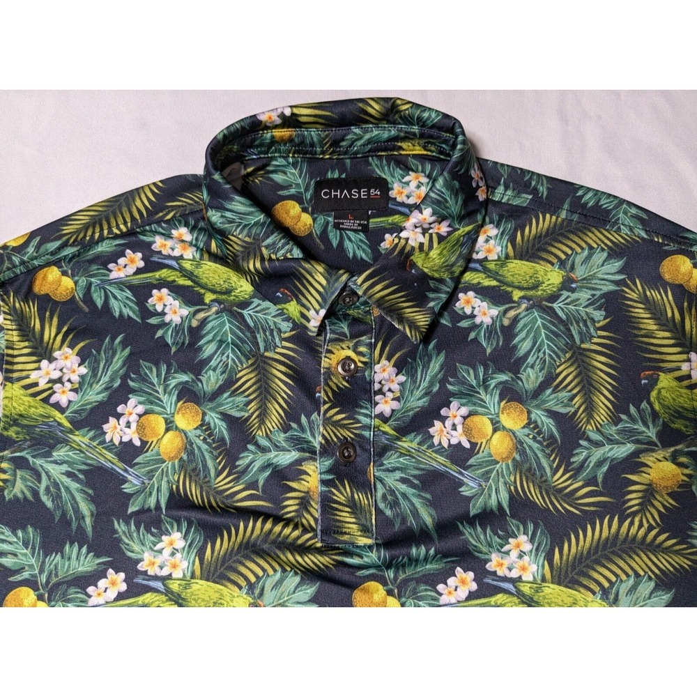 CHASE‎ 54 Men Large Cotton Stretch Green Floral Tropical Lemon Golf Polo - Picture 3 of 15